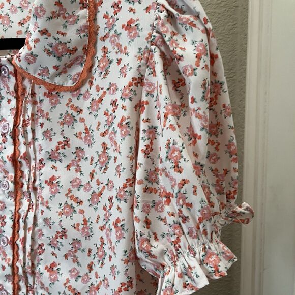Ivy City Co Pink Floral Cottage Coquette Button Up Puff Sleeve Top Womens Size L - Picture 3 of 10
